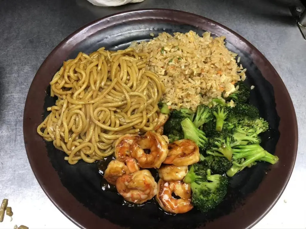 Hibachi-Express-&-Sushi-Japanese-restaurant-Shrimp-Noodle-Fried-Rice-Bowl-Oklahoma City Combination of stir - fried noodles, flavorful fried rice, plump shrimp at Hibachi Express & Sushi, a Japanese restaurant in Oklahoma City
