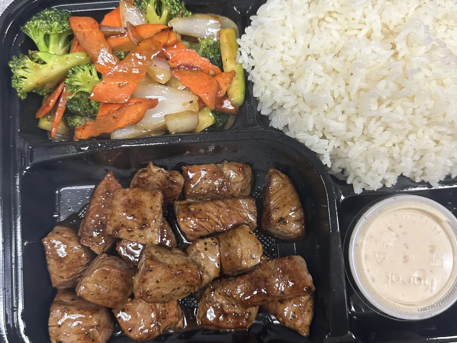 Black Pepper Beef with Steamed Rice and Stir-Fried Vegetables at Hibachi Express & Sushi, a Japanese restaurant in Oklahoma City
